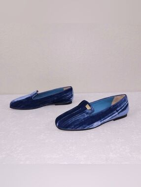 New! Valentina Rangoni Blue Velvet Leather Flats Slip-On Loafers ITALY